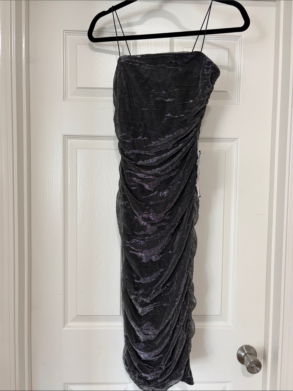 NWT B. Darlin Metallic Silver Black Ruched Cocktail Bodycon Dress